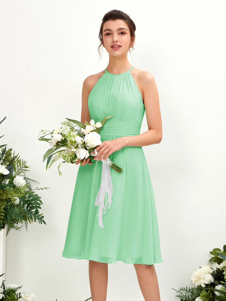 Mint Green Bridesmaid Dresses Bridesmaid Dress A-line Chiffon Halter Knee Length Sleeveless Wedding Party Dress (81220122)
