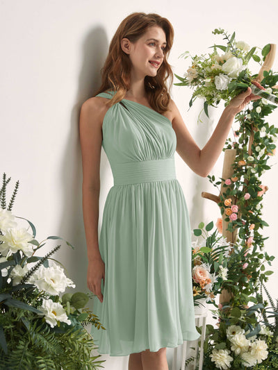 Carlyna Echo A-Line Sage Green Bridesmaid Dress Knee-Length Sleeveless One Shoulder Dress Side View 2 #color_sage-green