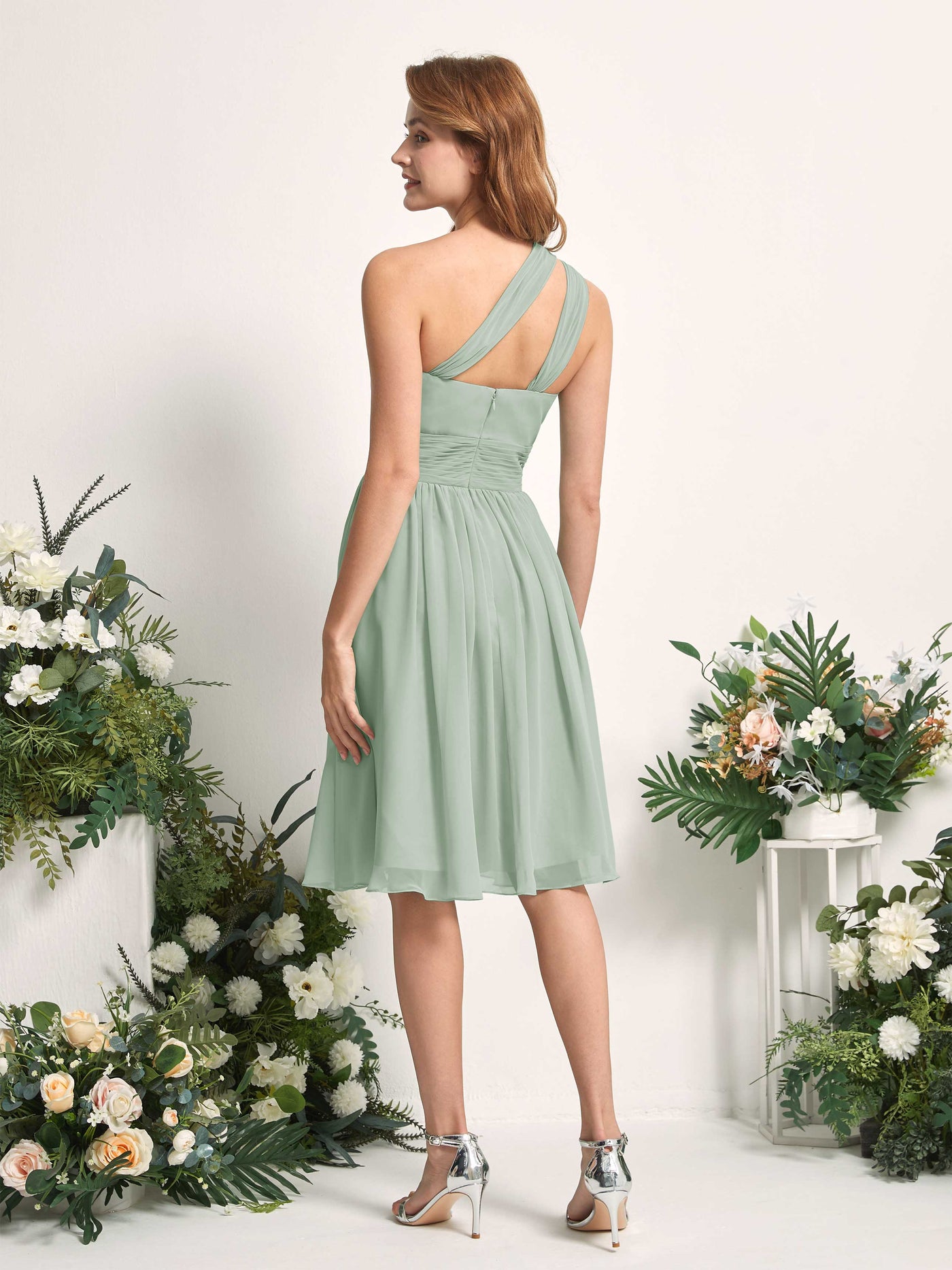 Bridesmaid Dress A-line Chiffon One Shoulder Knee Length Sleeveless Wedding Party Dress - Sage Green (81221205)#color_sage-green