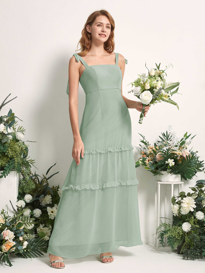 Bridesmaid Dress Chiffon Straps Full Length Sleeveless Wedding Party Dress - Sage Green (81227505)