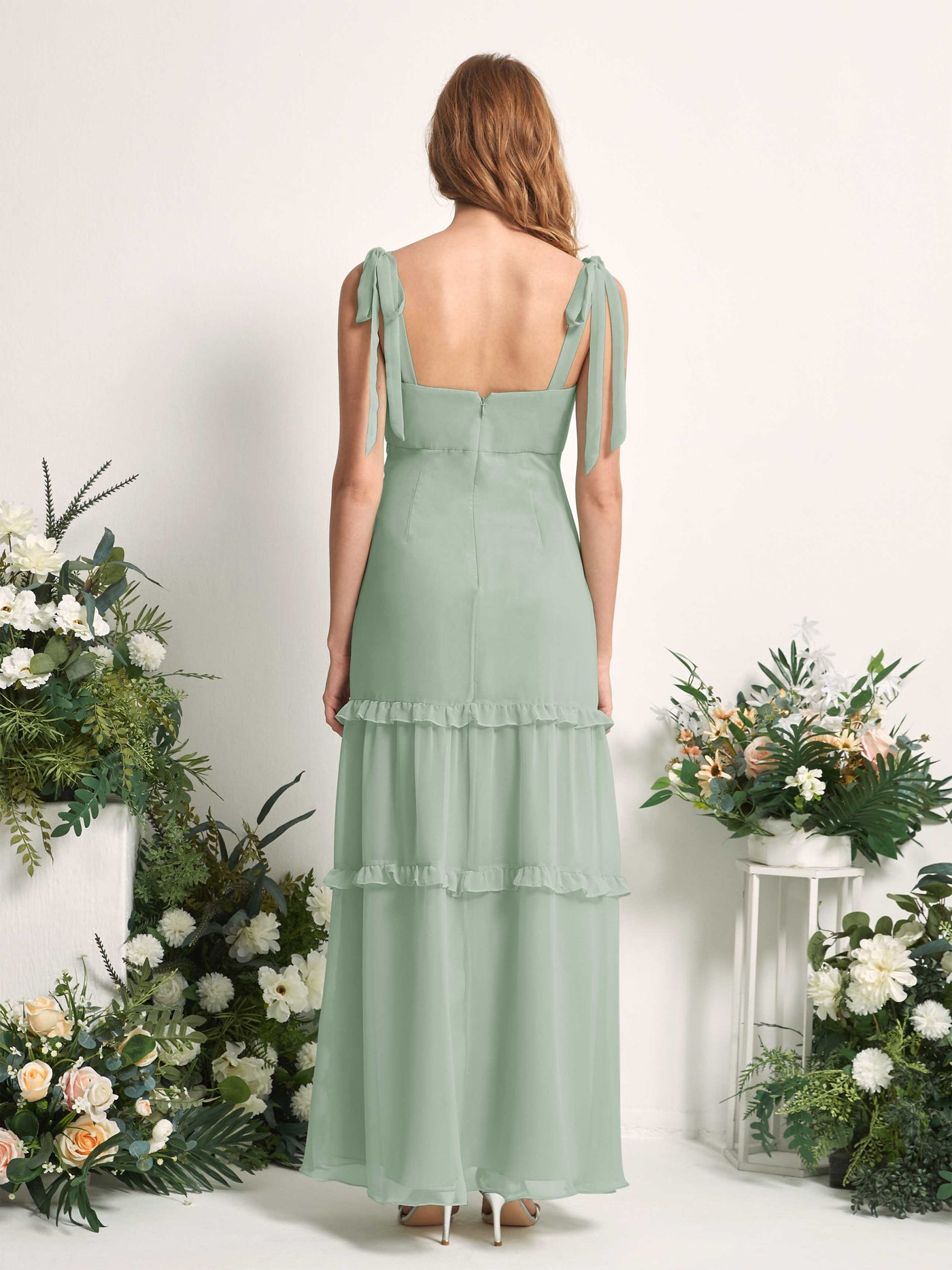 Bridesmaid Dress Chiffon Straps Full Length Sleeveless Wedding Party Dress - Sage Green (81227505)#color_sage-green