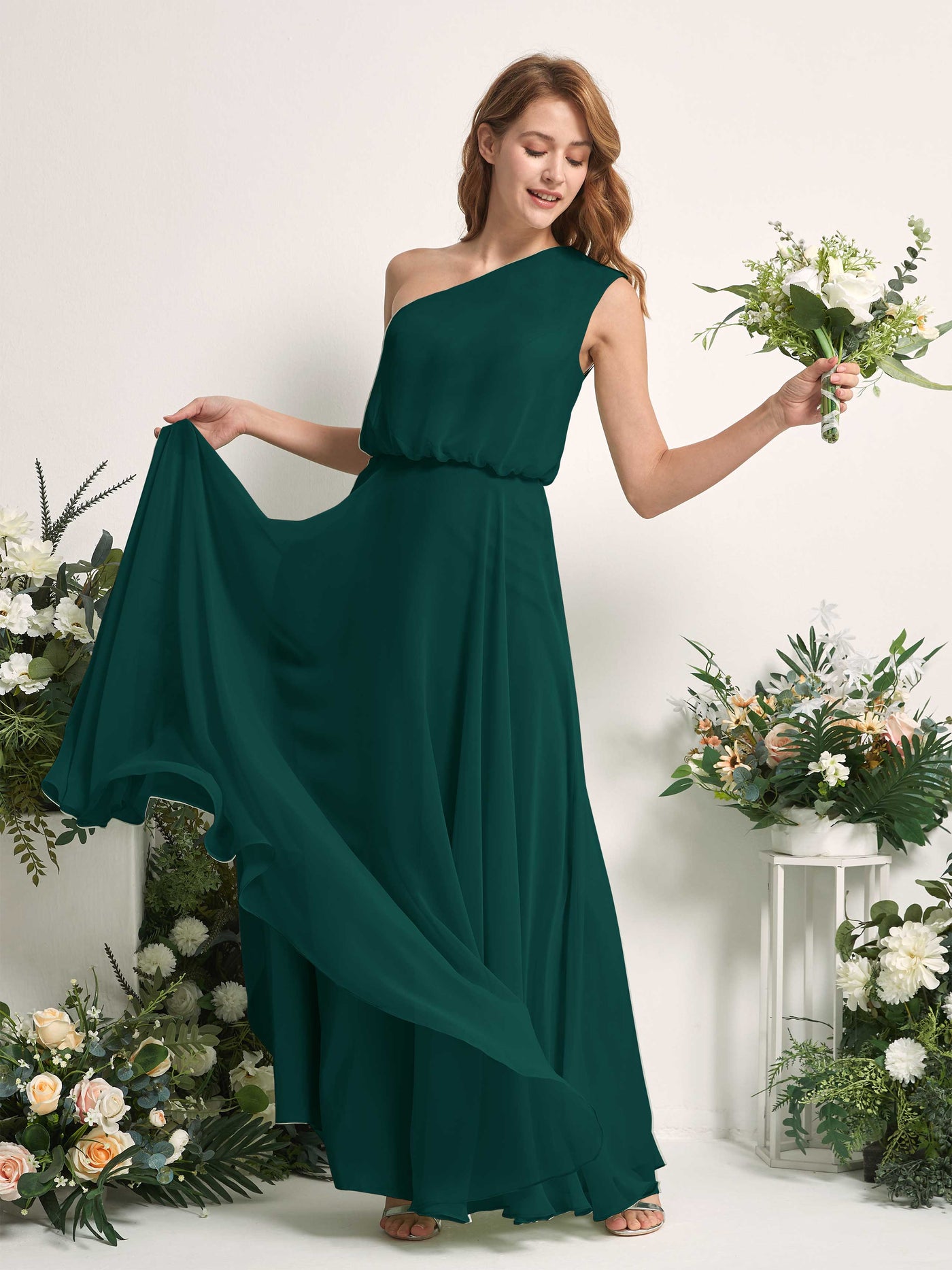 Dark Emerald Bridesmaid Dresses Bridesmaid Dress A-line Chiffon One Shoulder Full Length Sleeveless Wedding Party Dress (81226817)#color_dark-emerald