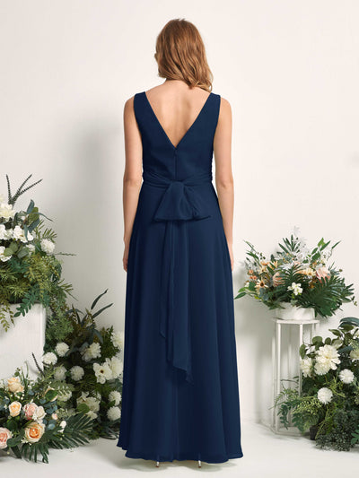 Carlyna June A-Line Navy Bridesmaid Dress Maxi Sleeveless V-Neck Dress Back View #color_navy