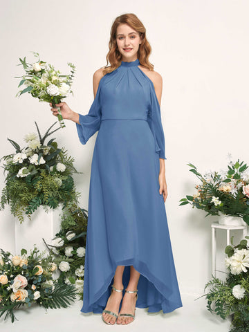 Bridesmaid Dress A-line Chiffon Halter High Low 3/4 Sleeves Wedding Party Dress - Dusty Blue (81227610)#color_dusty-blue