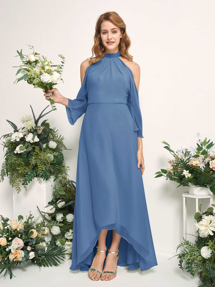Bridesmaid Dress A-line Chiffon Halter High Low 3/4 Sleeves Wedding Party Dress - Dusty Blue (81227610)