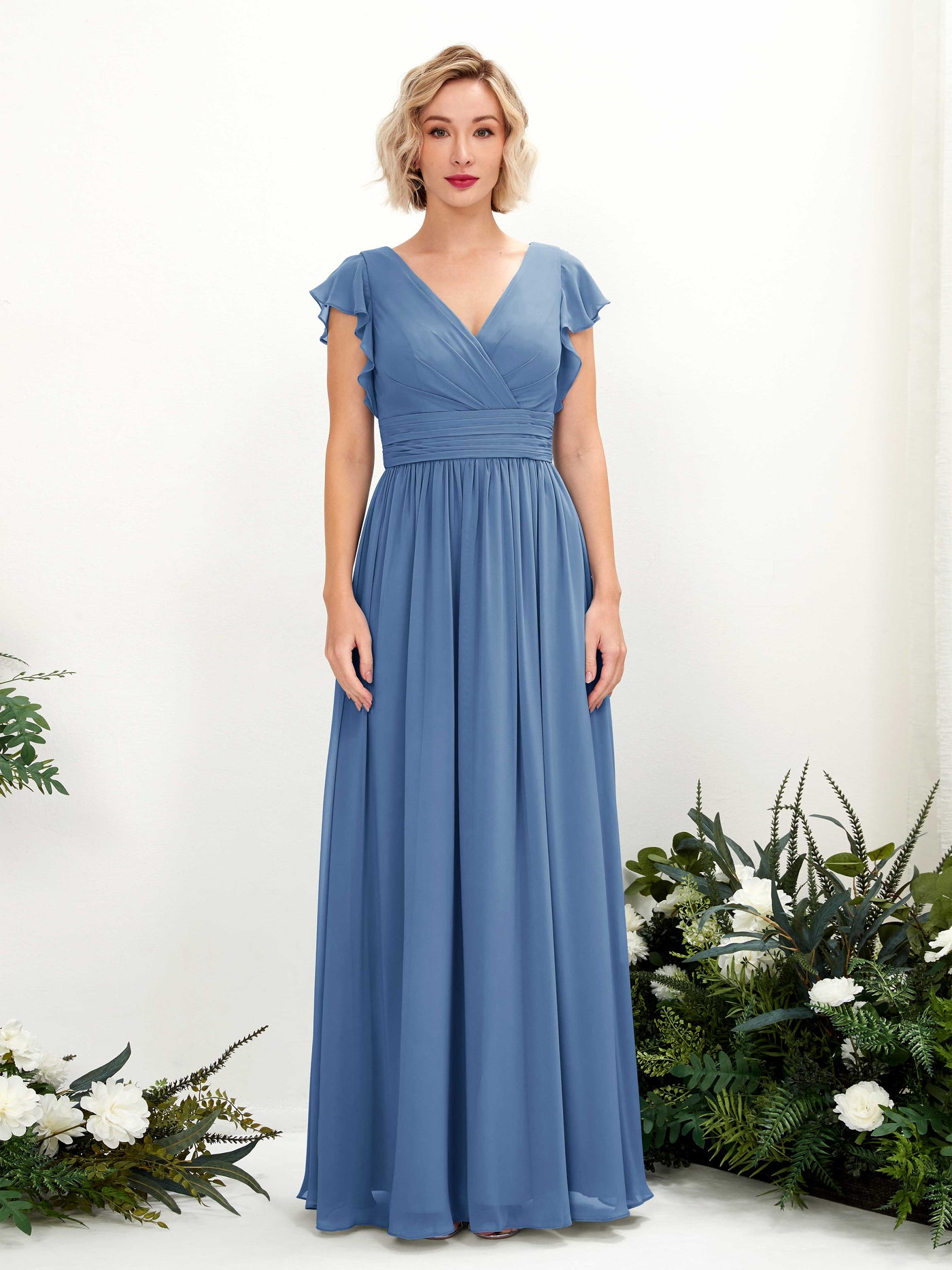 Dusty Blue Bridesmaid Dresses Bridesmaid Dress A-line Chiffon V-neck Full Length Short Sleeves Wedding Party Dress (81222710)#color_dusty-blue