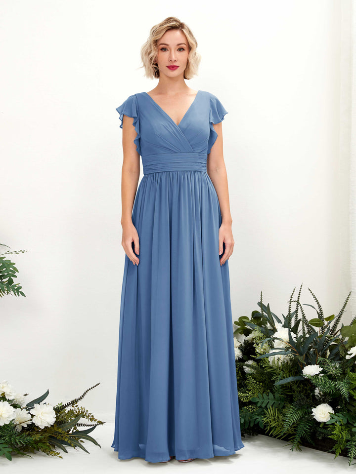 Dusty Blue Bridesmaid Dresses Bridesmaid Dress A-line Chiffon V-neck Full Length Short Sleeves Wedding Party Dress (81222710)