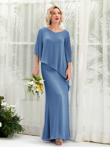 Dusty Blue Bridesmaid Dresses Bridesmaid Dress Bohemian Chiffon V-neck Full Length 3/4 Sleeves Wedding Party Dress (81222510)#color_dusty-blue
