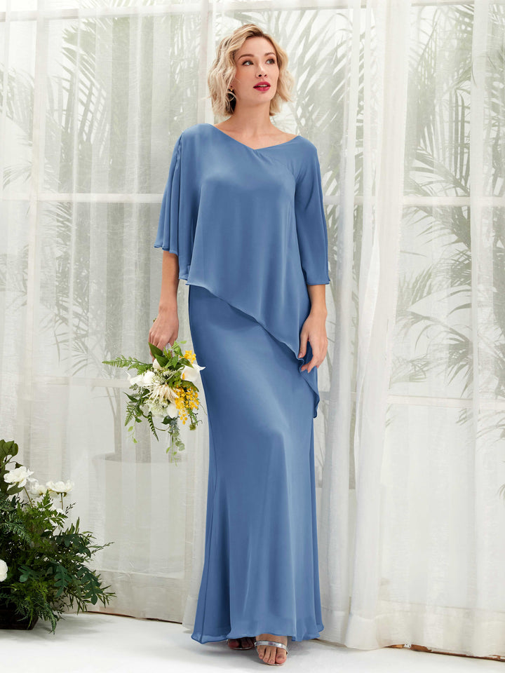 Dusty Blue Bridesmaid Dresses Bridesmaid Dress Bohemian Chiffon V-neck Full Length 3/4 Sleeves Wedding Party Dress (81222510)