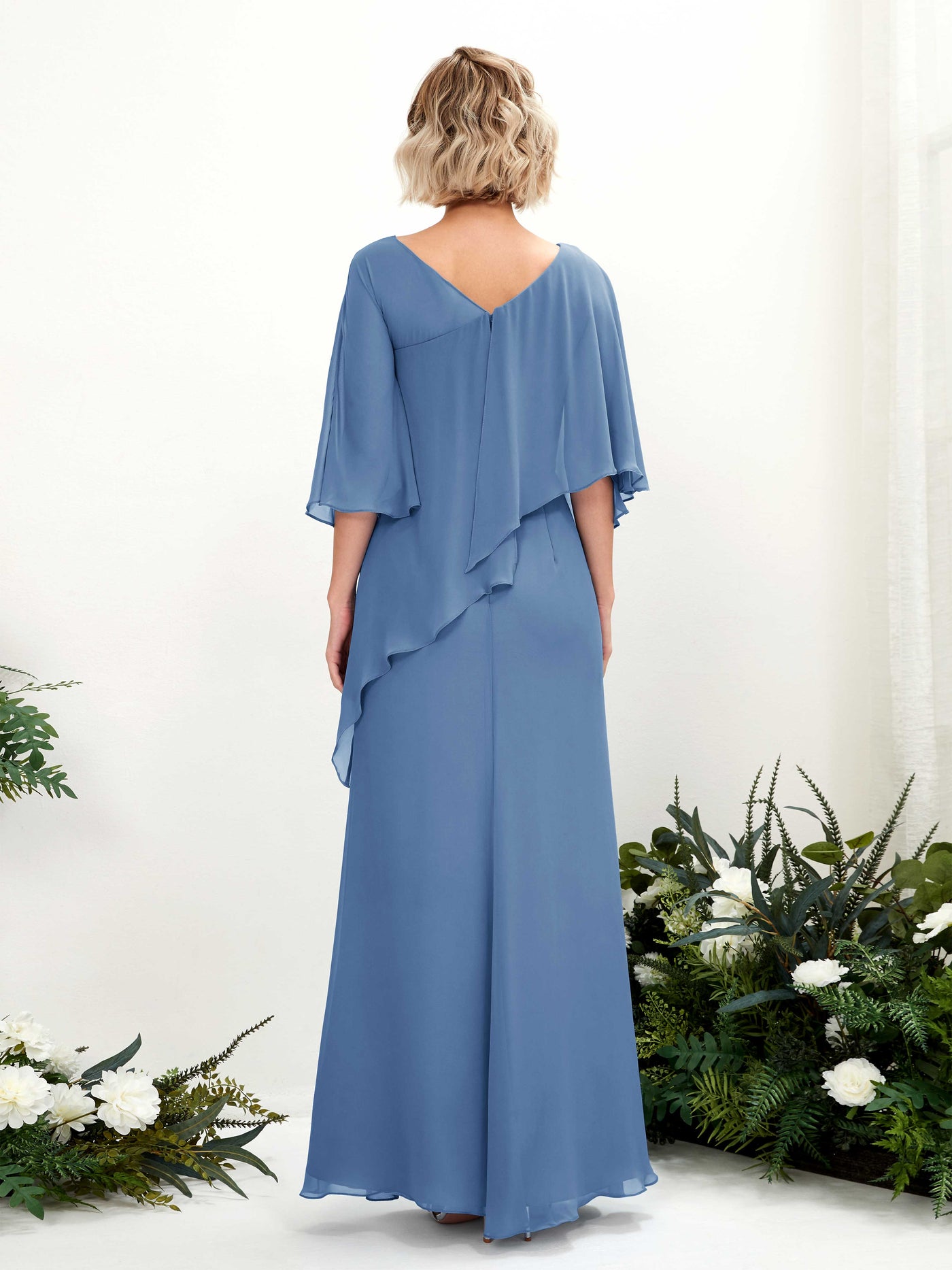 Dusty Blue Bridesmaid Dresses Bridesmaid Dress Bohemian Chiffon V-neck Full Length 3/4 Sleeves Wedding Party Dress (81222510)#color_dusty-blue