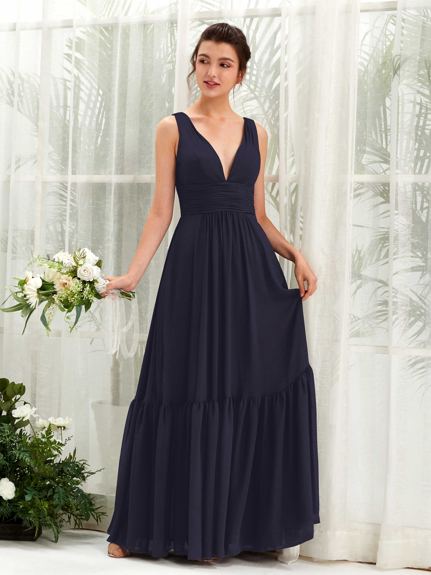 Dark Navy Bridesmaid Dresses Bridesmaid Dress A-line Chiffon Straps Full Length Sleeveless Wedding Party Dress (80223718)#color_dark-navy