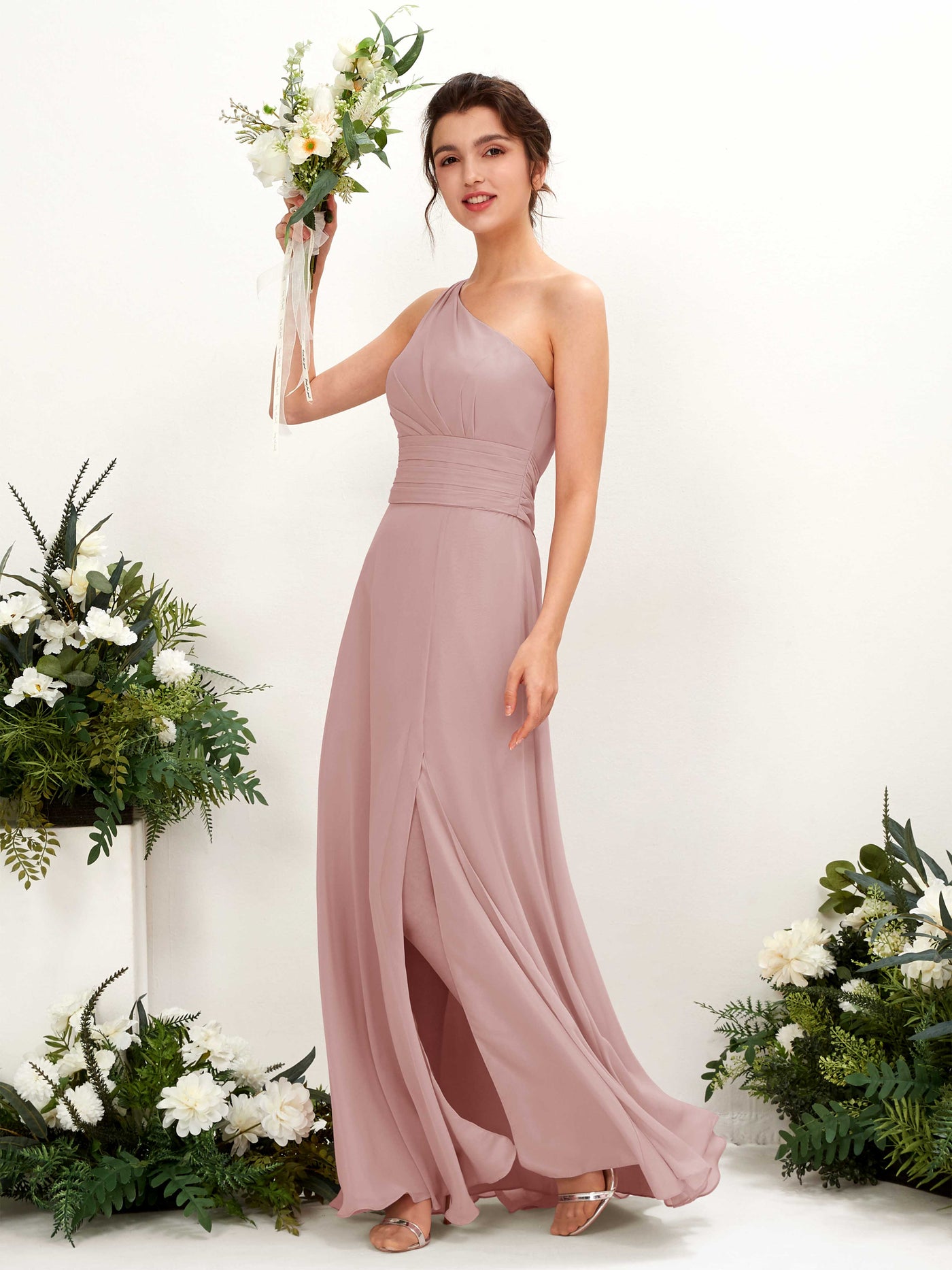Dusty Rose Bridesmaid Dresses Bridesmaid Dress A-line Chiffon One Shoulder Full Length Sleeveless Wedding Party Dress (81224709)#color_dusty-rose