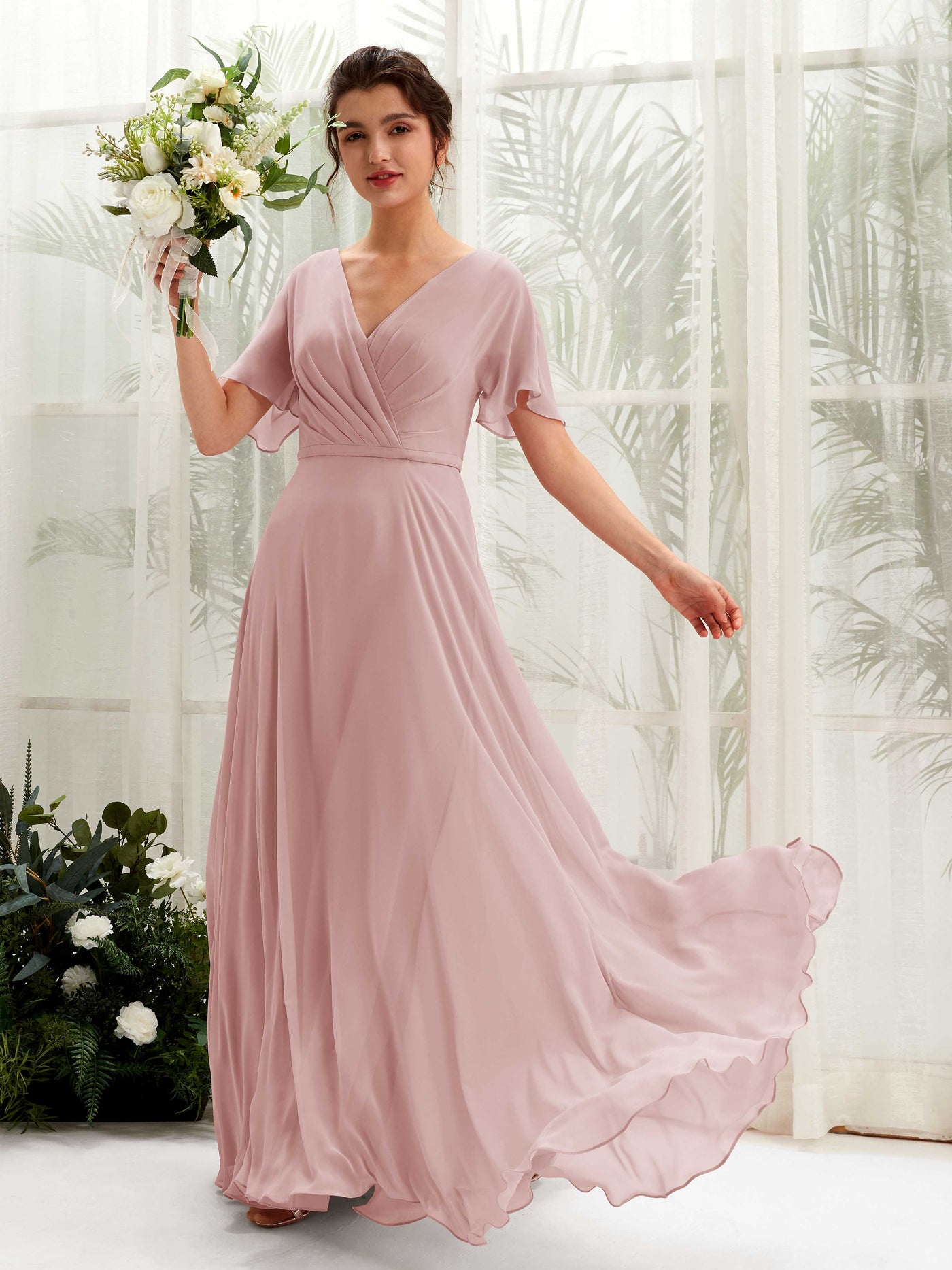 Dusty Rose Bridesmaid Dresses Bridesmaid Dress A-line Chiffon V-neck Full Length Short Sleeves Wedding Party Dress (81224609)#color_dusty-rose