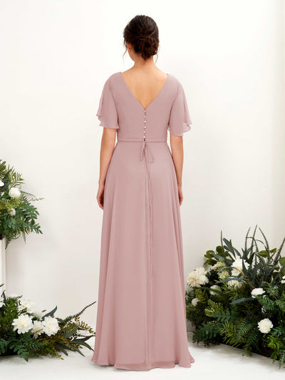 Carlyna Daphne A-Line Dusty Rose Bridesmaid Dress Maxi Short Sleeve V-Neck Dress Back View #color_dusty-rose