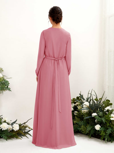 Carlyna Elsie A-Line Desert Rose Bridesmaid Dress Maxi Long Sleeve V-Neck Back View #color_desert-rose