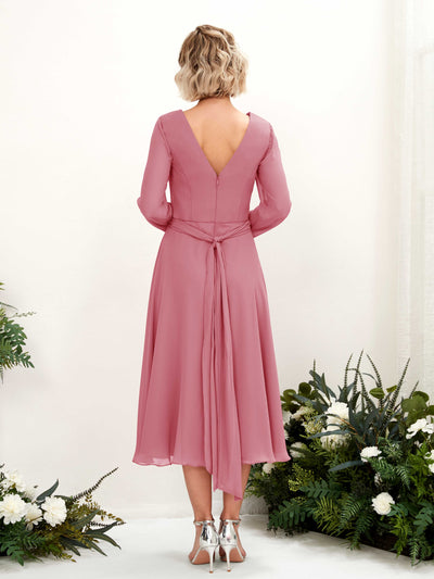 Carlyna Joanna A-Line Desert Rose Bridesmaid Dress Midi Long Sleeve V-Neck Back View #color_desert-rose