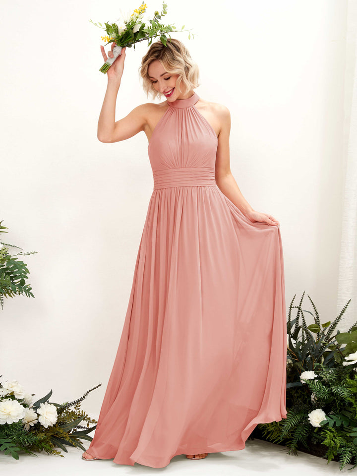 champagne pink bridesmaid dresses v neck tulle lace long prom dress, A line dress dresstby Champagne Rose Length Champagne Chiffon Bridesmaid Dress A-Line