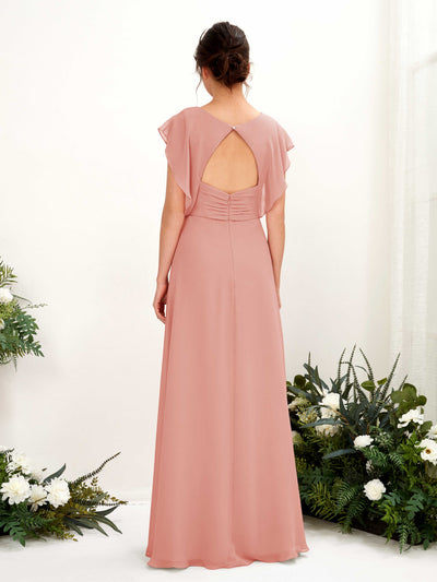 Carlyna Annie A-Line Champagne Rose Bridesmaid Dress Maxi Cap Sleeve V-Neck Dress Back View #color_champagne-rose
