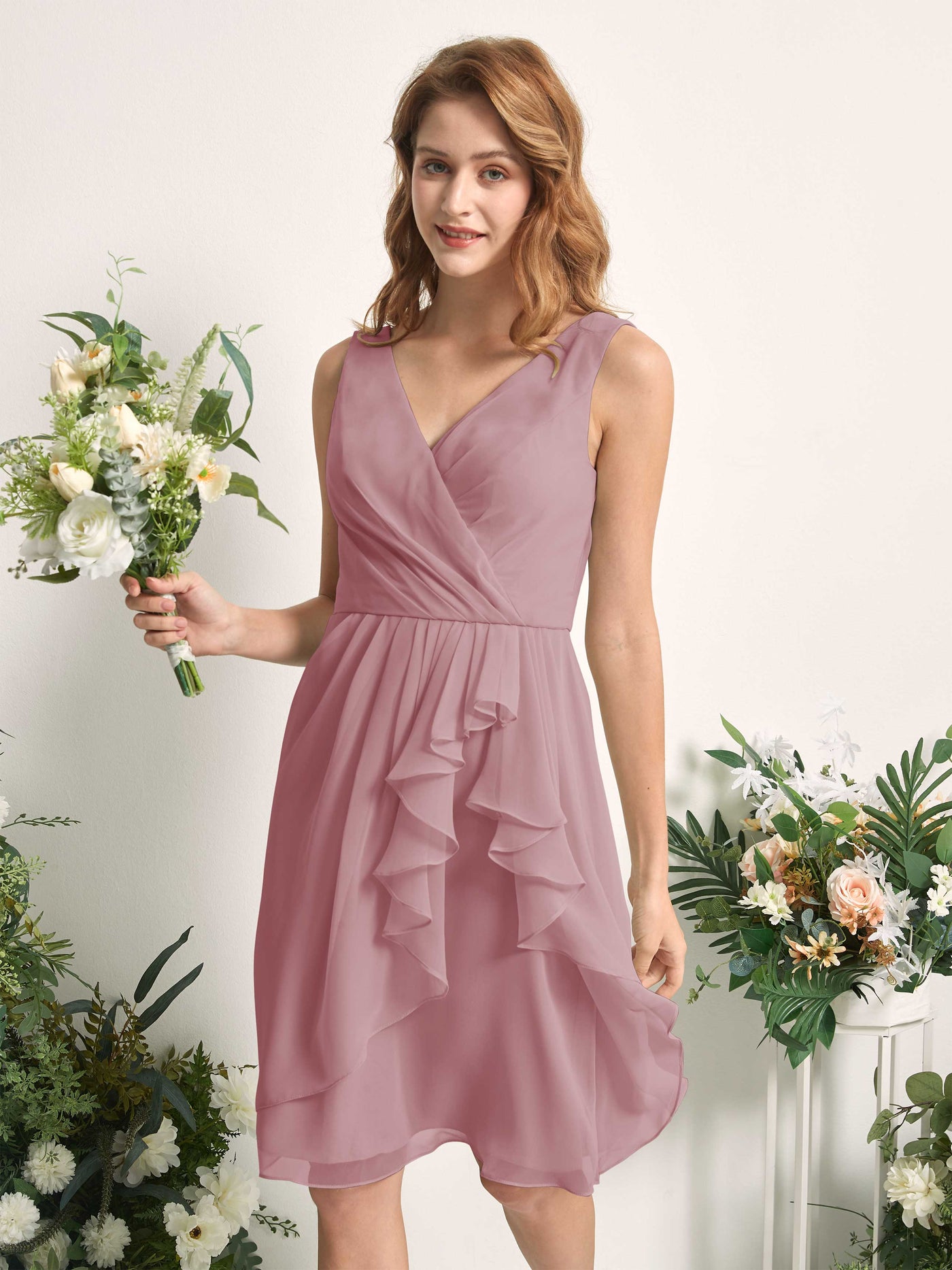 Bridesmaid Dress A-line Chiffon Straps Knee Length Sleeveless Wedding Party Dress - Vintage Mauve (81226601)#color_vintage-mauve