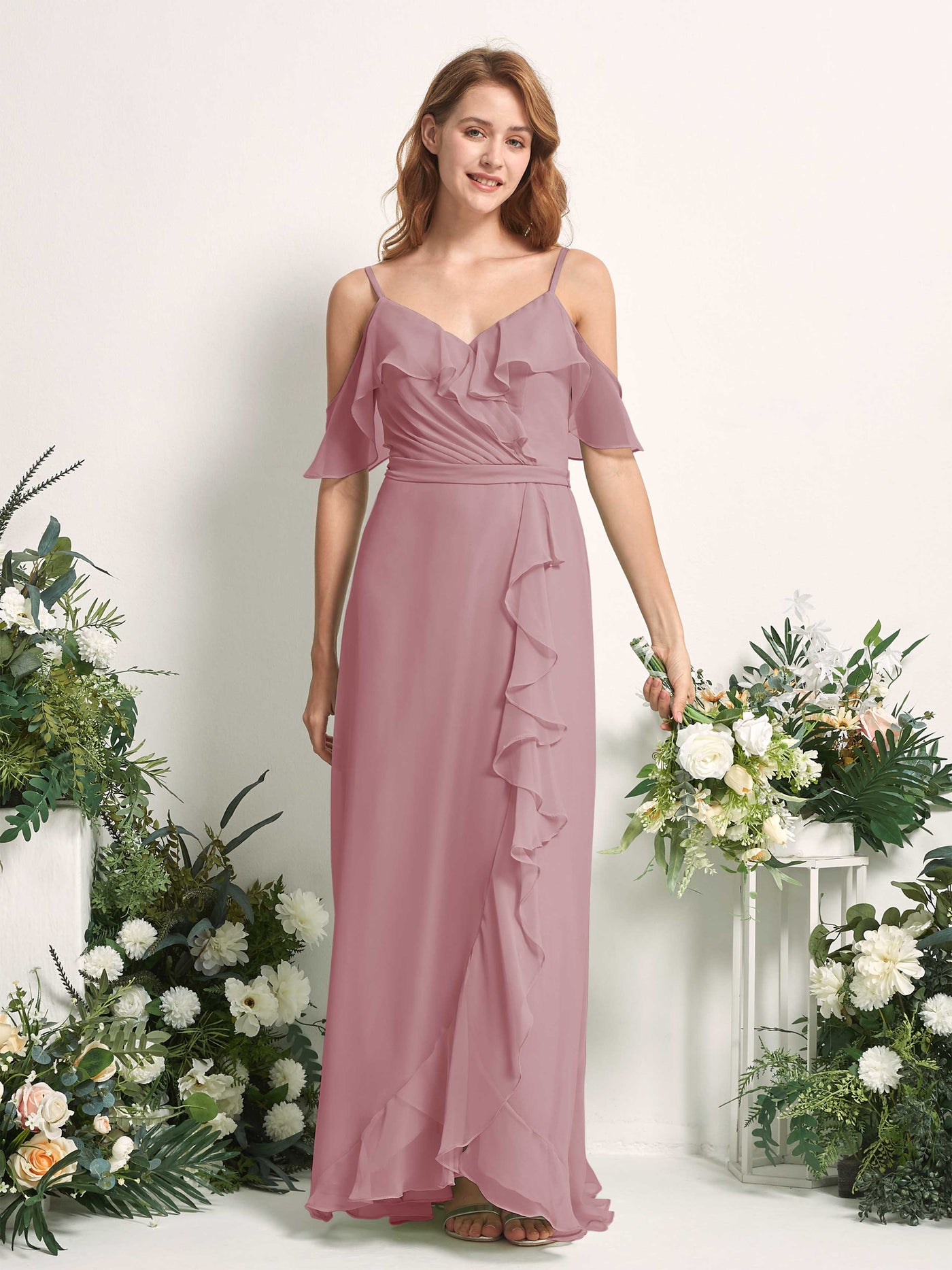Bridesmaid Dress A-line Chiffon Spaghetti-straps Full Length Sleeveless Wedding Party Dress - Vintage Mauve (81227401)#color_vintage-mauve