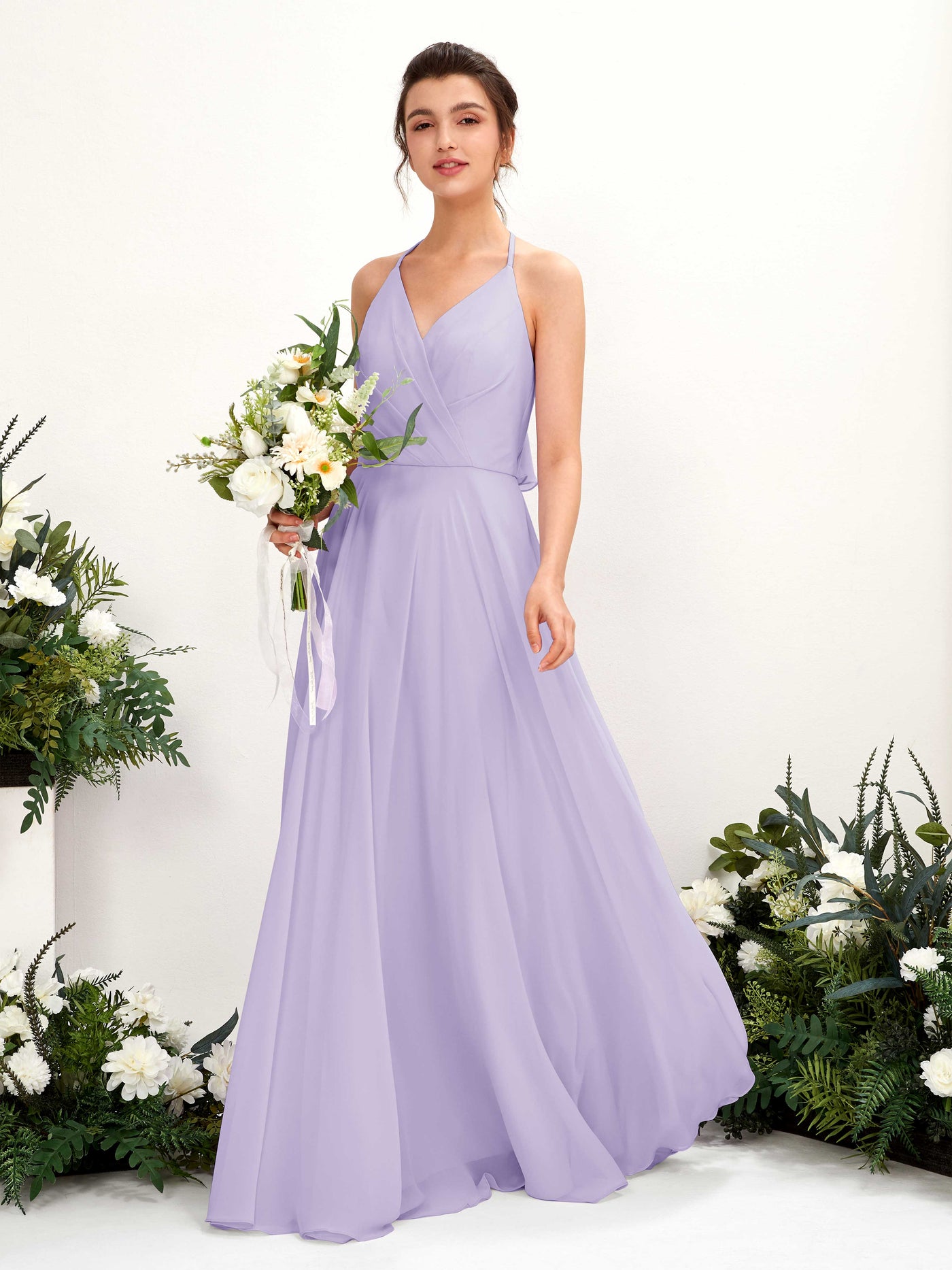 Halter V-neck Sleeveless Chiffon Bridesmaid Dress - Lilac (81221014)#color_lilac