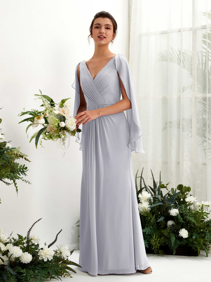 Dusty Lavender Bridesmaid Dresses Bridesmaid Dress A-line Chiffon Straps Full Length Long Sleeves Wedding Party Dress (80220103)