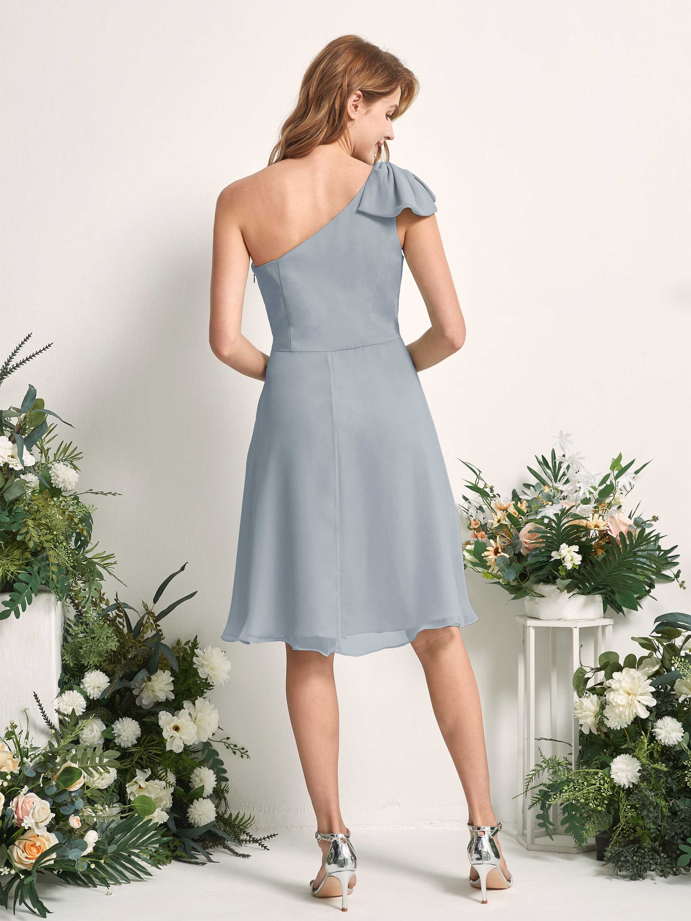 Bridesmaid Dress A-line Chiffon One Shoulder Knee Length Sleeveless Wedding Party Dress - Dusty Blue-Upgrade (81227004)#color_dusty-blue-upgrade
