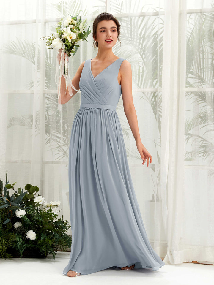 Chiffon Short Dusty Blue Off Shoulder Bridesmaid Dress with Spaghett Straps  TBQP389S