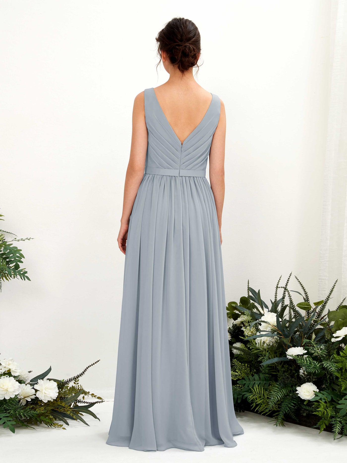 Dusty Blue-Upgrade Bridesmaid Dresses Bridesmaid Dress A-line Chiffon V-neck Full Length Sleeveless Wedding Party Dress (81223604)#color_dusty-blue-upgrade