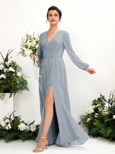 Dusty Blue-Upgrade Bridesmaid Dresses Bridesmaid Dress A-line Chiffon V-neck Full Length Long Sleeves Wedding Party Dress (81223804)#color_dusty-blue-upgrade