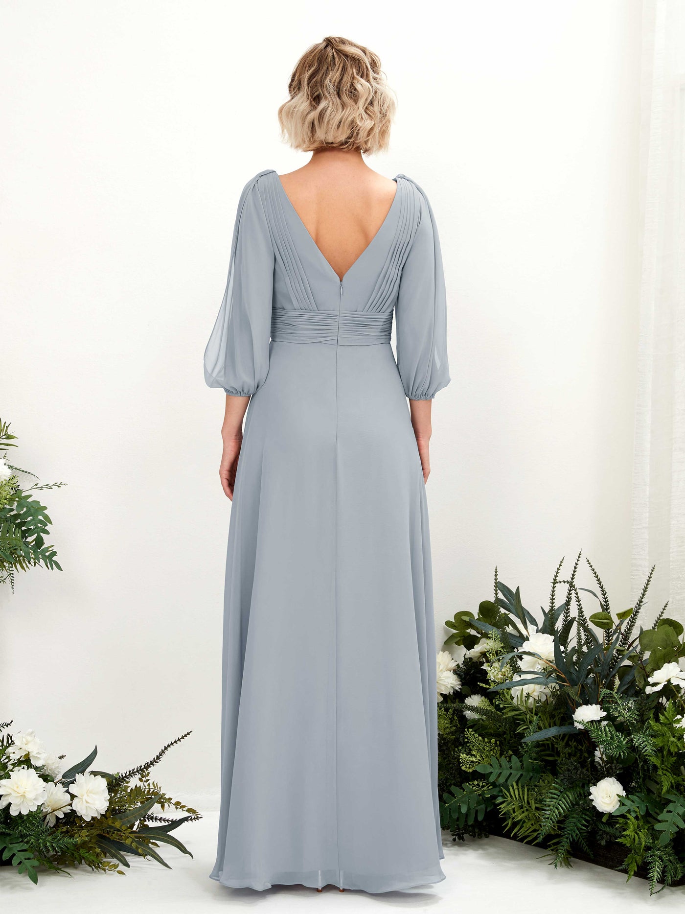 Dusty Blue-Upgrade Bridesmaid Dresses Bridesmaid Dress Chiffon V-neck Full Length Long Sleeves Wedding Party Dress (81223504)#color_dusty-blue-upgrade