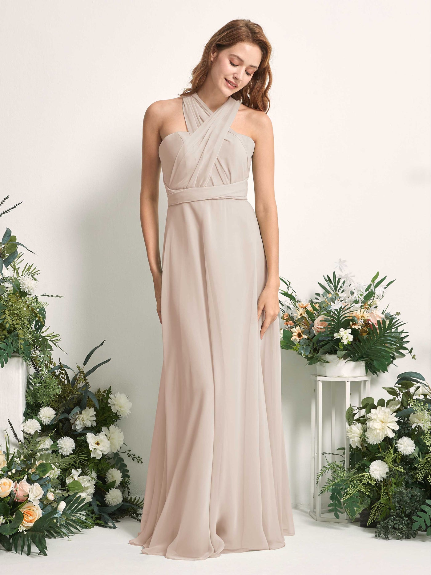 Champagne Bridesmaid Dresses Bridesmaid Dress A-line Chiffon Halter Full Length Short Sleeves Wedding Party Dress (81226316)#color_champagne