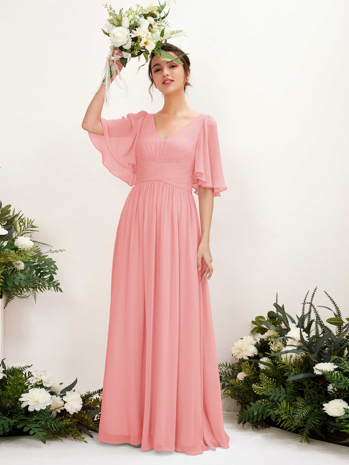 Ballet Pink Bridesmaid Dresses Bridesmaid Dress A-line Chiffon V-neck Full Length 1/2 Sleeves Wedding Party Dress (81221640)