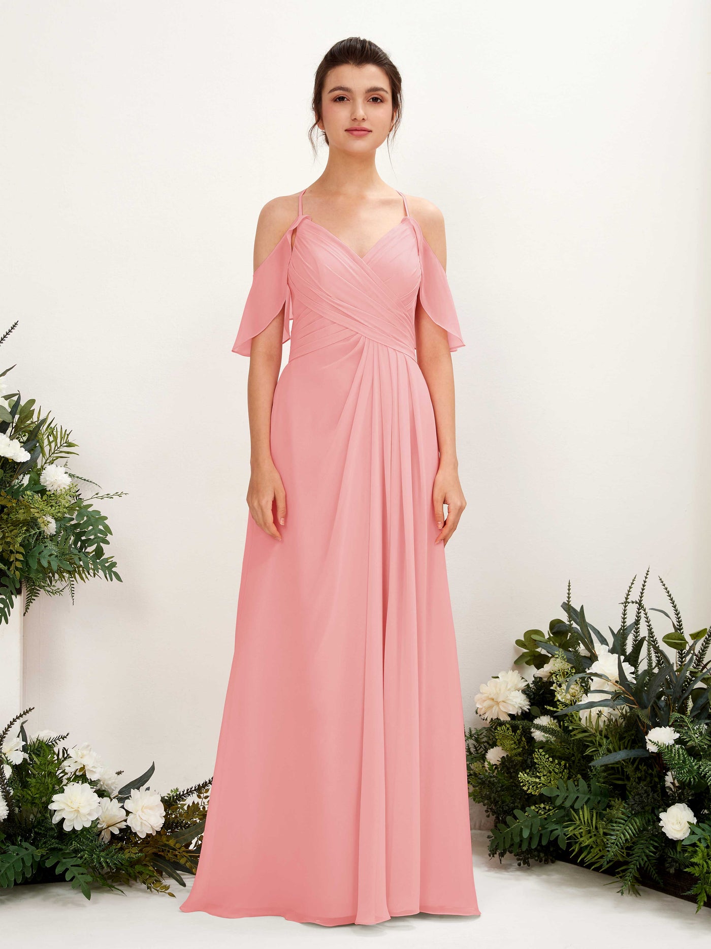 Ball Gown Off Shoulder Spaghetti-straps Chiffon Bridesmaid Dress - Ballet Pink (81221740)#color_ballet-pink