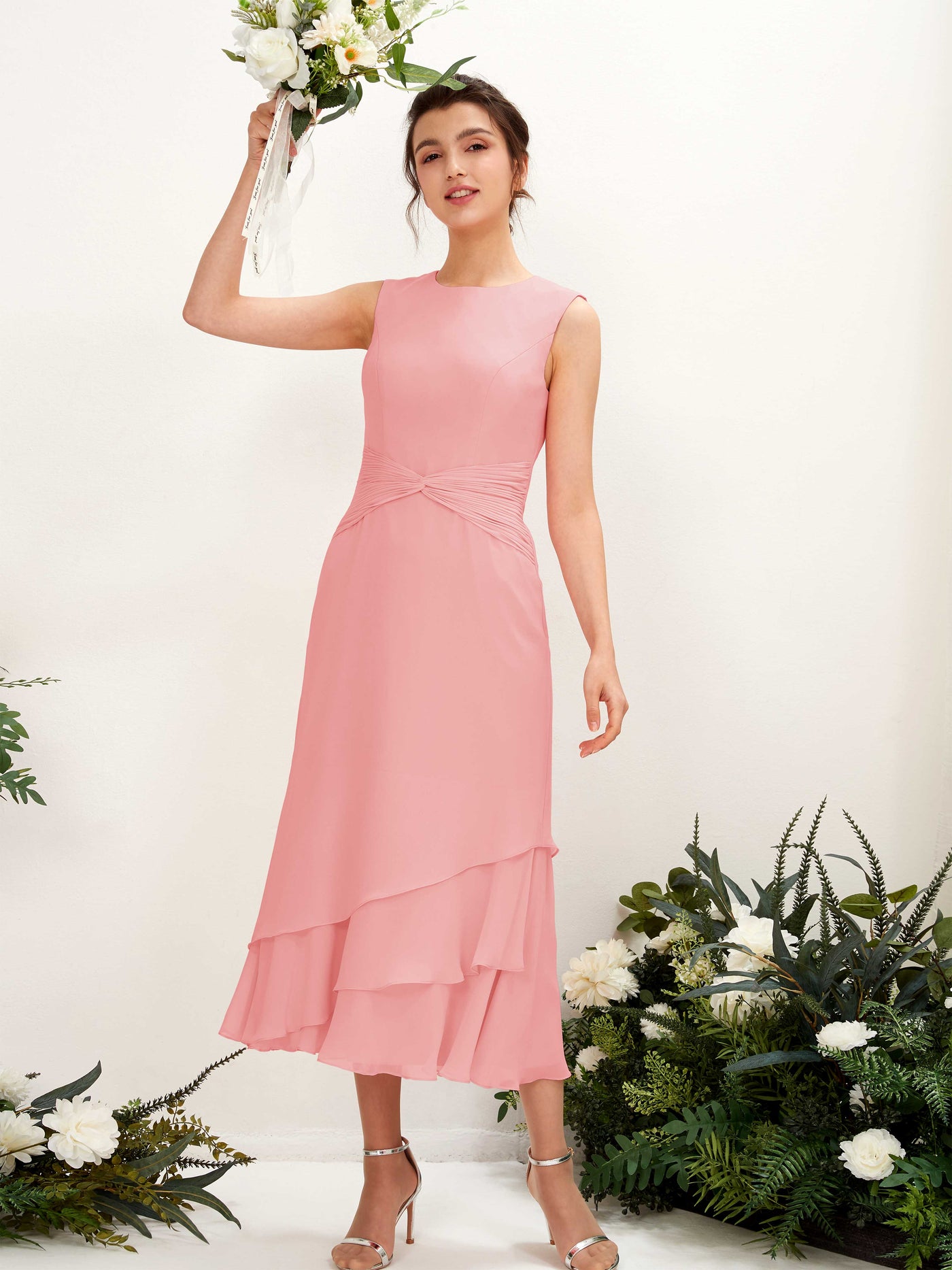 Ballet Pink Chiffon Bridesmaid Dress Mermaid Midi