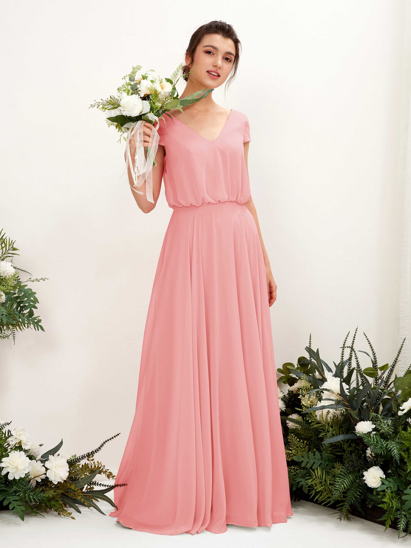 Peach Pink Chiffon V-Neck Bridesmaid Dress A-Line Floor-Length | Carlyna Peach Pink Chiffon V-Neck Bridesmaid Dress A-Line Floor-Length | Carlyna