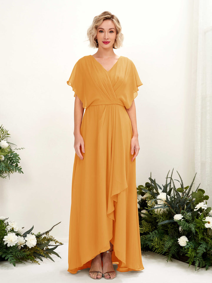 Mango Bridesmaid Dresses Bridesmaid Dress A-line Chiffon V-neck Full Length Short Sleeves Wedding Party Dress (81222102)