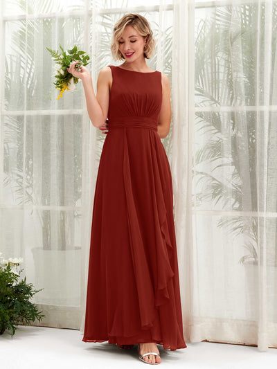 Carlyna Brianna A-Line Rust Bridesmaid Dress Maxi Sleeveless Boat Neck Dress Front View #color_rust
