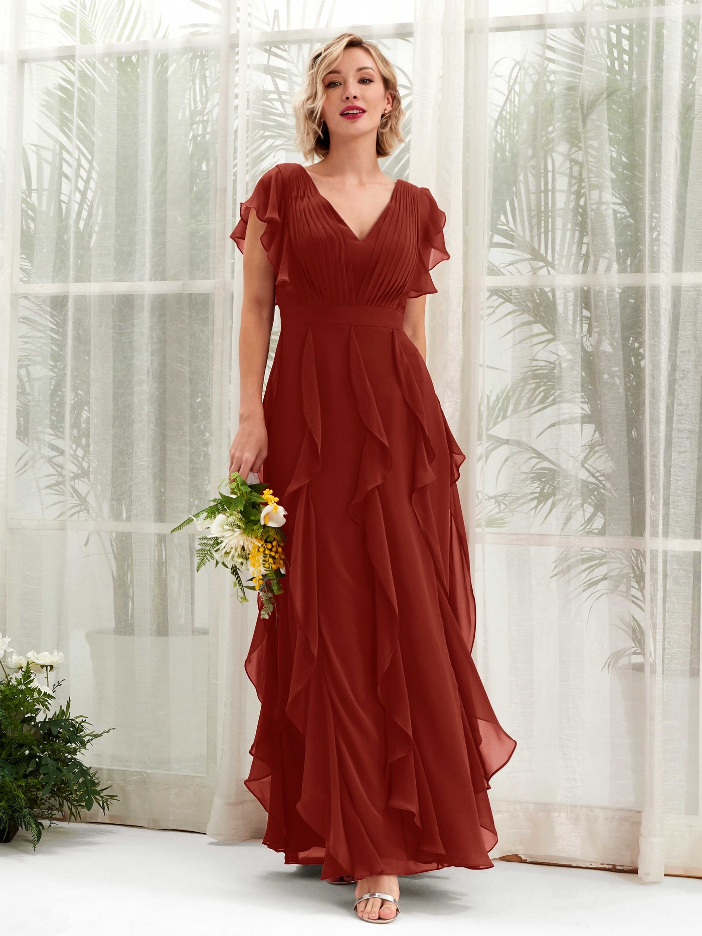 Rust Bridesmaid Dresses Bridesmaid Dress A-line Chiffon V-neck Full Length Short Sleeves Wedding Party Dress (81226019)#color_rust
