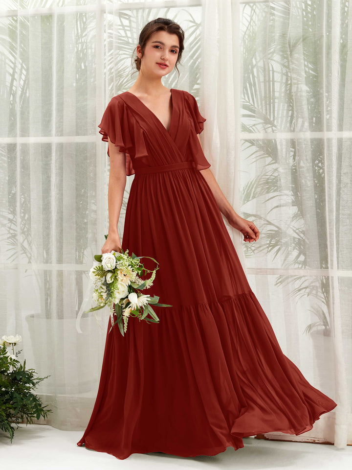 Rust Bridesmaid Dresses Bridesmaid Dress A-line Chiffon V-neck Full Length Short Sleeves Wedding Party Dress (81225919)