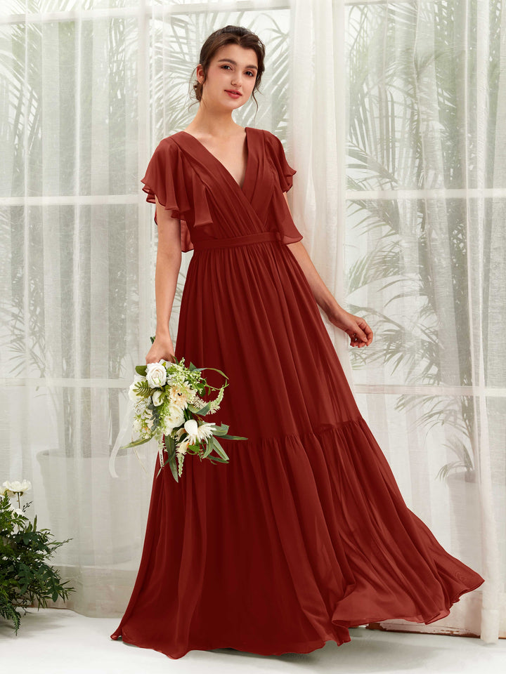 Jester Red Chiffon V-Neck Bridesmaid Dress A-Line Floor-Length | Carlyna Jester Red Chiffon V-Neck Bridesmaid Dress A-Line Floor-Length | Carlyna