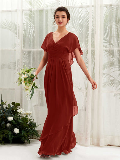 Carlyna Darlene A-Line Rust Bridesmaid Dress Maxi Short Sleeve V-Neck Dress Front View #color_rust