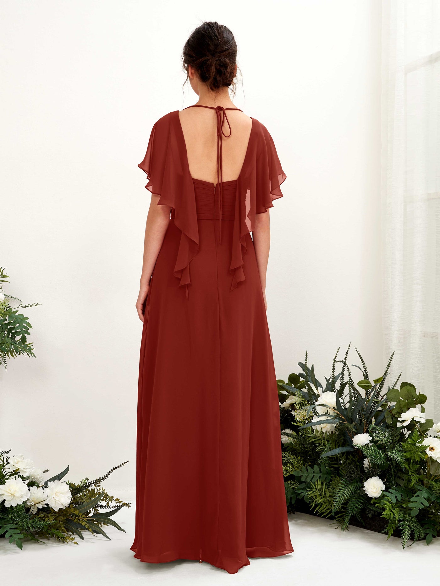 Open back V-neck Short Sleeves Chiffon Bridesmaid Dress - Rust (81226119)#color_rust