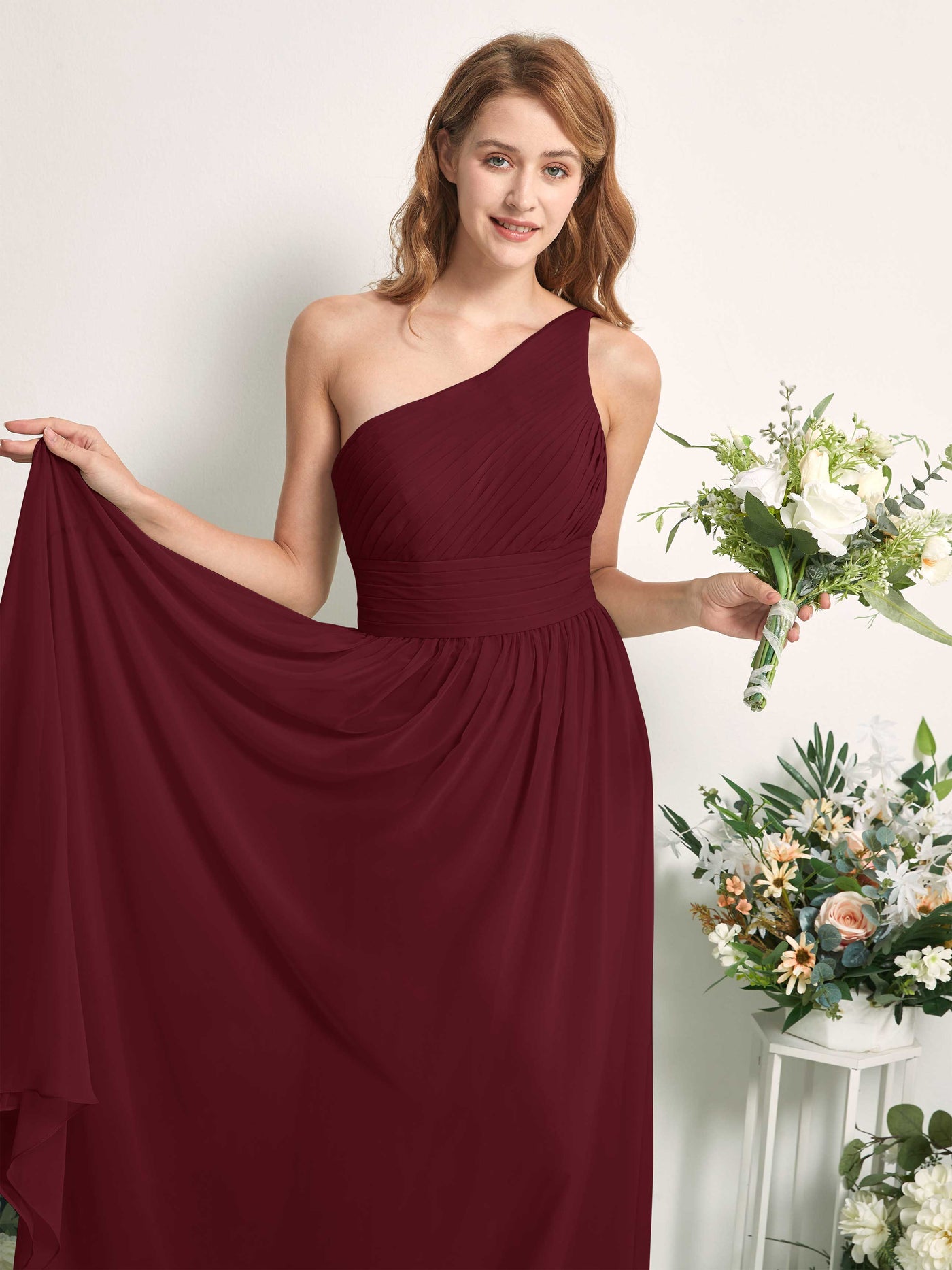 Bridesmaid Dress A-line Chiffon One Shoulder Full Length Sleeveless Wedding Party Dress - Burgundy (81226712)#color_burgundy