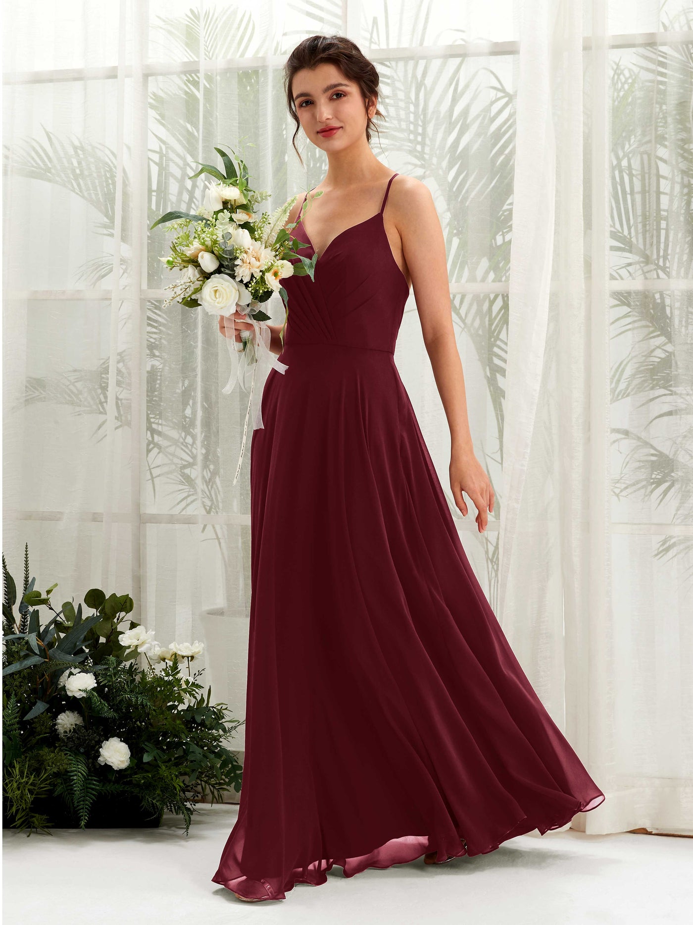 Jester Red Chiffon V-Neck Bridesmaid Dress A-Line Floor-Length