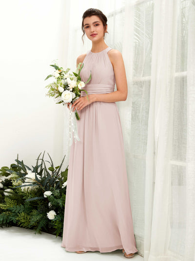 Carlyna Noelle A-Line Biscotti Bridesmaid Dress Maxi Sleeveless Round Neck Dress Front View #color_biscotti