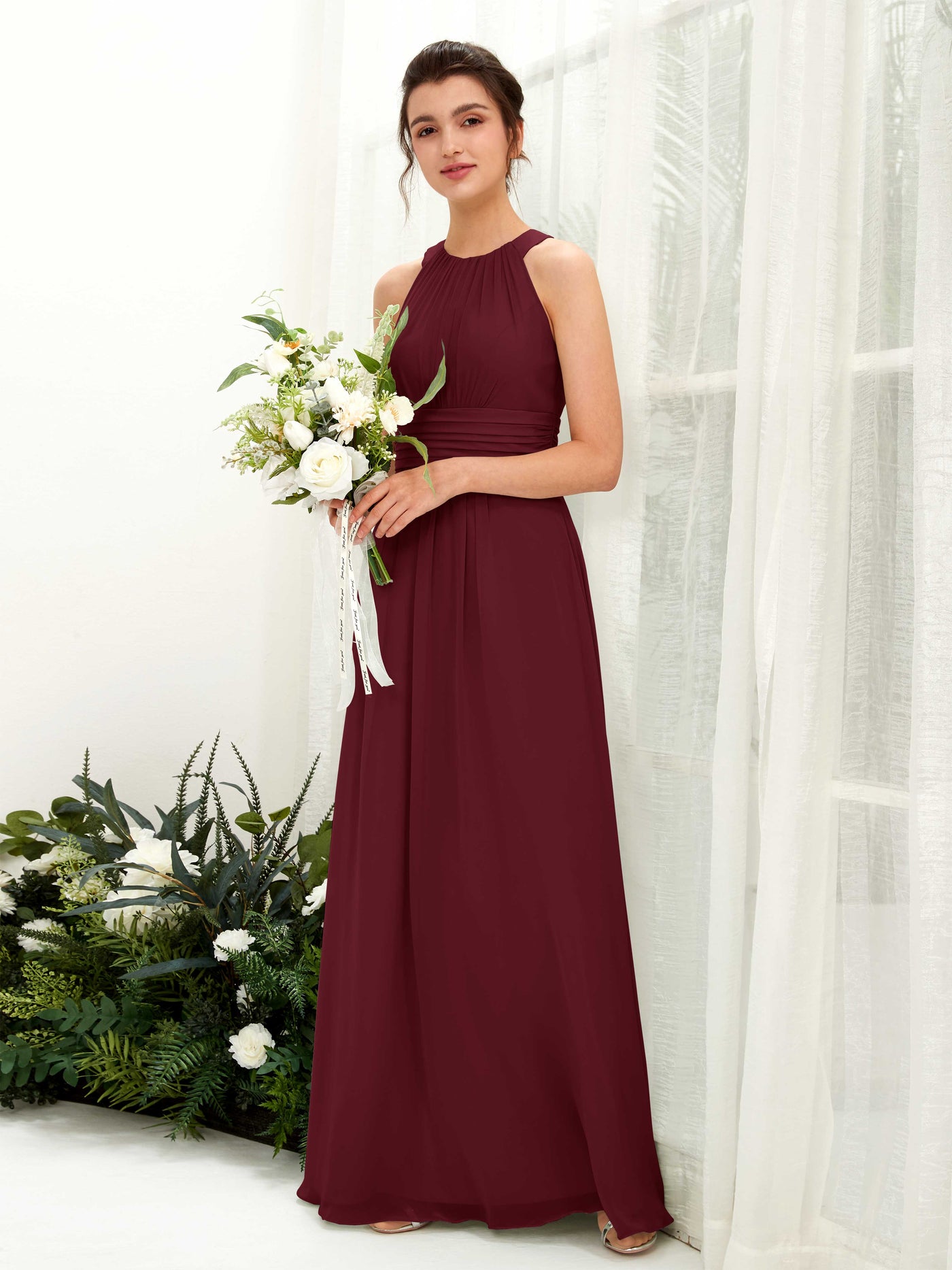 Burgundy Bridesmaid Dresses Bridesmaid Dress A-line Chiffon Halter Full Length Sleeveless Wedding Party Dress (81221512)#color_burgundy