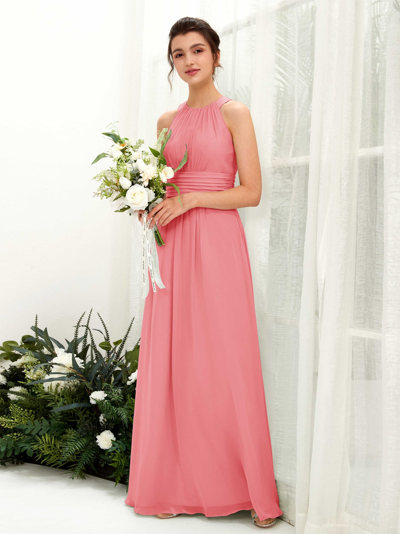 Coral Pink Bridesmaid Dresses Bridesmaid Dress A-line Chiffon Halter Full Length Sleeveless Wedding Party Dress (81221530)#color_coral-pink