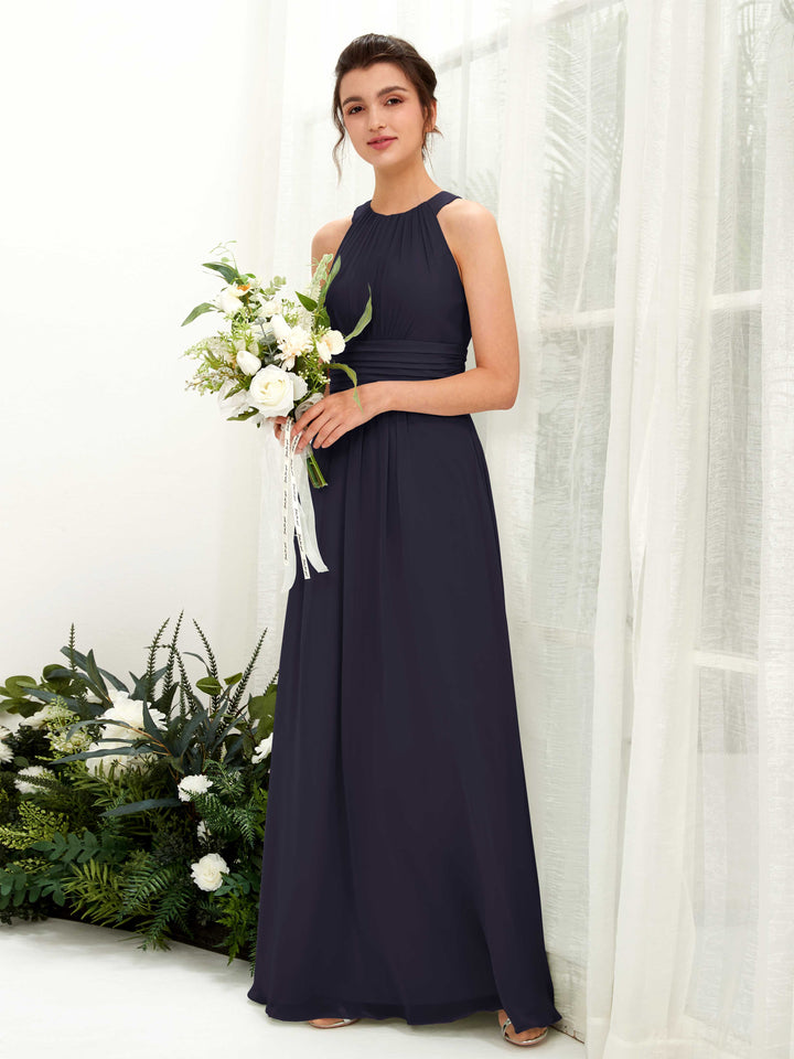 Dark Navy Bridesmaid Dresses Bridesmaid Dress A-line Chiffon Halter Full Length Sleeveless Wedding Party Dress (81221518)