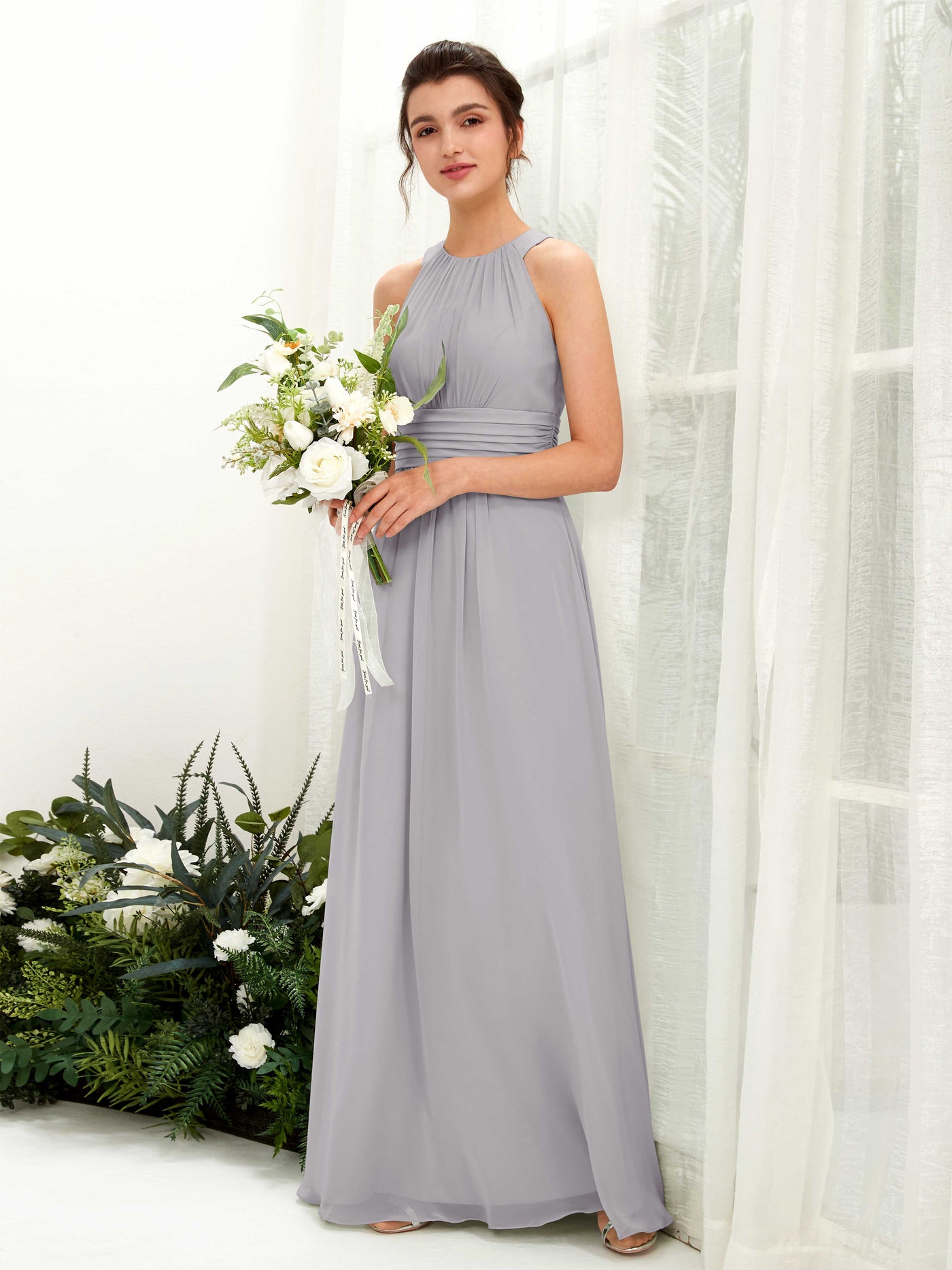 Dove Bridesmaid Dresses Bridesmaid Dress A-line Chiffon Halter Full Length Sleeveless Wedding Party Dress (81221525)#color_dove
